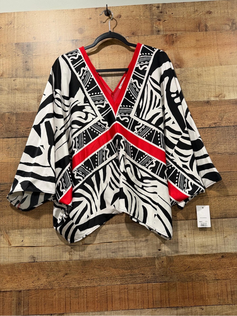 New Nine West Black & White & Red Geometric Zebra V-Neck Kimono Top Size XL